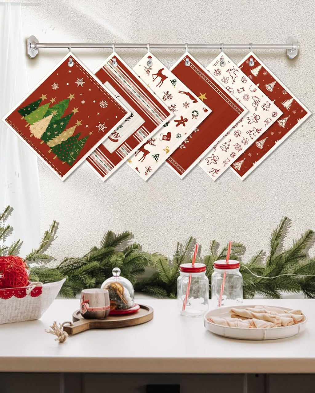 6 Pack Christmas Swedish Dishcloths for Kitchen - Reusable Dish Cloths for Washing Dishes Absorbent Cute Holiday Kitchen Towels Cleaning Sponge, Red Xmas Theme