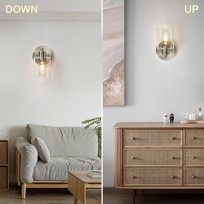 1-Light Bathroom Wall Sconce, Brushed Nickel Vanity Light, Modern Wall Light Fixture with Clear Glass Shade and Moisture and Rust Prevention, Wall Mount Light Fixtures for Mirror, Bedroom, Hallway