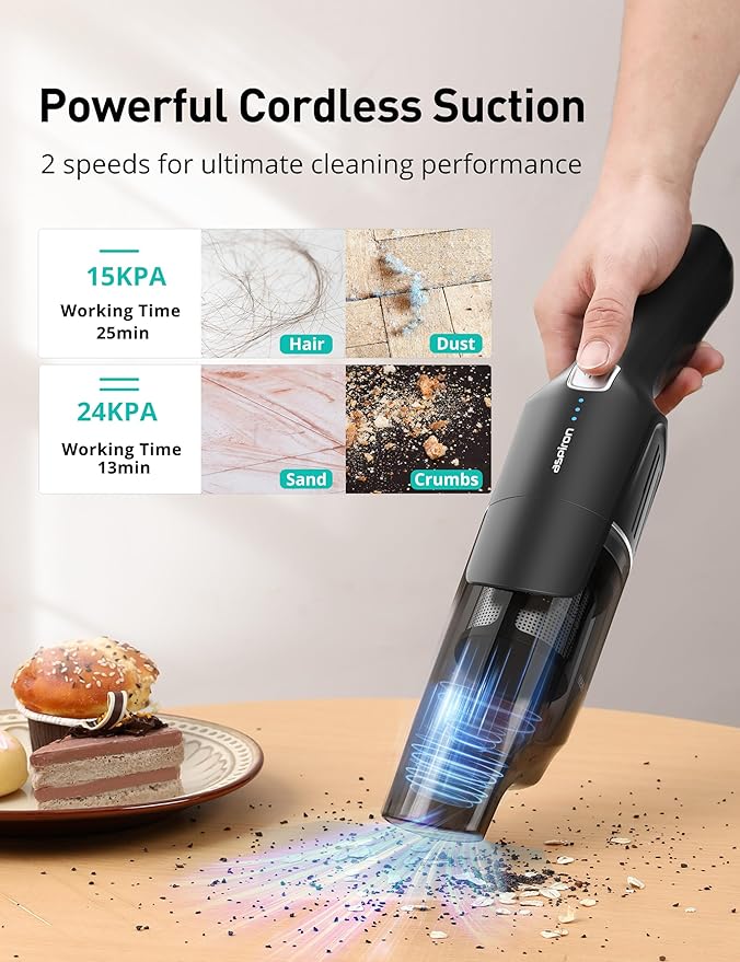 Aspiron Cordless Handheld Vacuum, 24KPA Powerful Car Vacuum, Rechargeable, Charging Dock, Ergonomic Handle, 2-in-1 Crevice Tool, 1.8lb Portable Vacuum Cleaner with 2-Speed for Car, Home, Black Grey