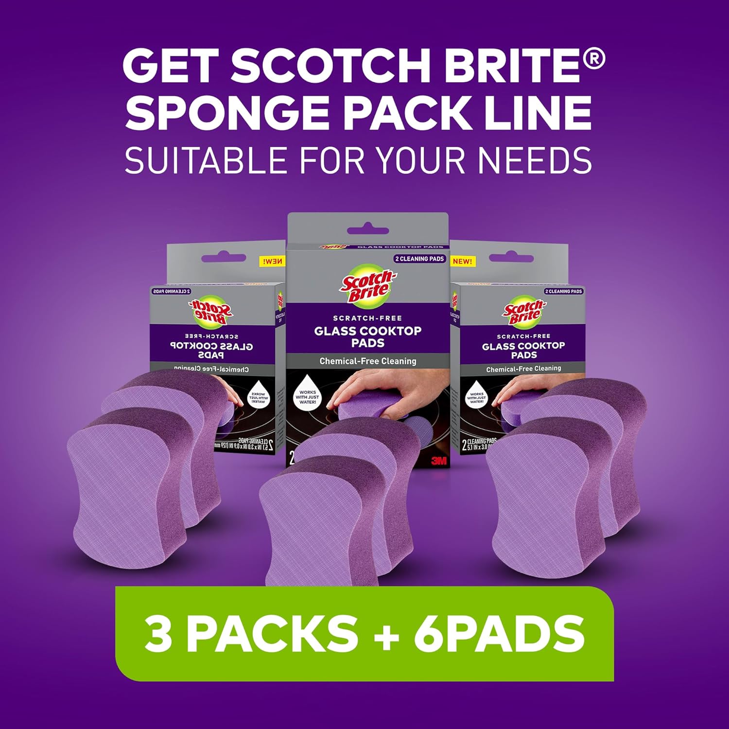 Scotch-Brite Glass Cooktop Pads, Scratch-Free & Non-Abrasive Scrubbers for Glass or Ceramic Stovetops, Cleans Burnt-On Messes with Just Water, Reusable Dishwasher-Safe Design (6 Pads)