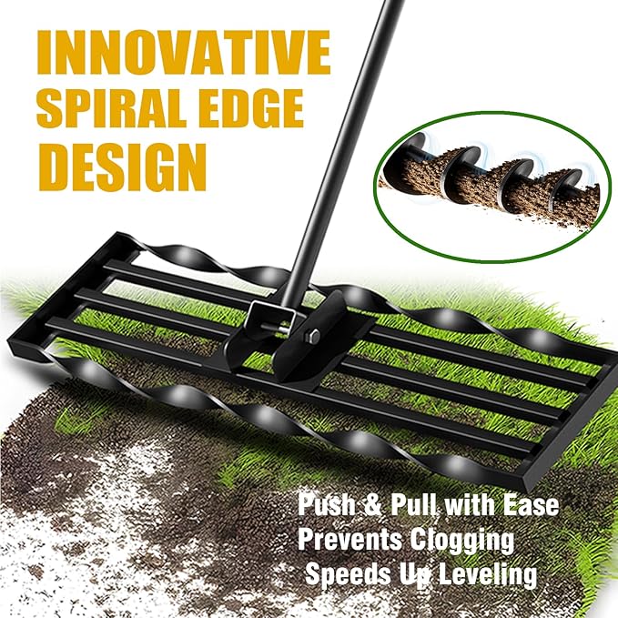 Lawn Leveling Rrakes (17x10 inch),Lawn Leveling Tool ,Spiral Patented Design with a 72" Handle rake, Suitable for backyards, Gardens, Golf Courses, Farms, Pastures