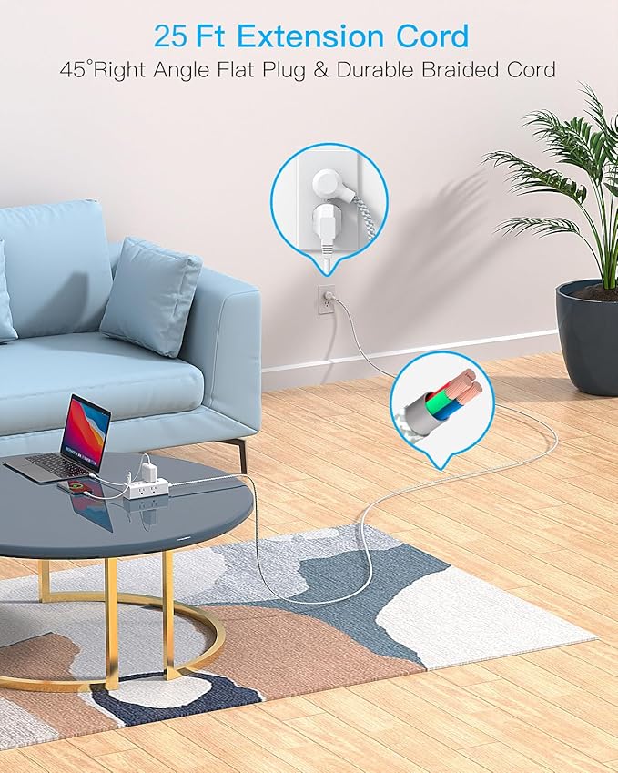 Extension Cord 25 Ft, Power Strip Surge Protector with 6 Widely Outlets 3 USB Ports (1 USB C), 3-Side Outlet Extender Strip, Flat Plug, Wall Mount Small Power Strip for Home Office College Dorm Room