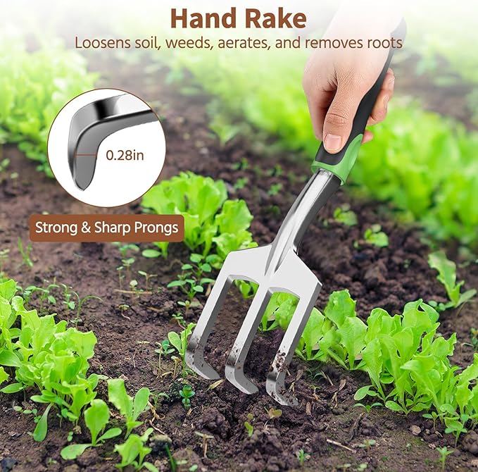 LASZOLA 3 Piece Garden Tool Set Include Hand Trowel Rake and Transplant Shovel for Women, Indoor Heavy Duty Small Spade Kit with Ergonomic Handle to Weed and Loosen, for Mom and Plant Beginner, Green