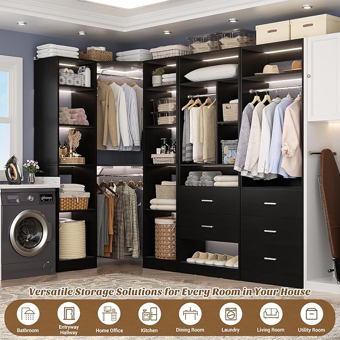 Corner Closet System with 5 Drawers, Closet Organizer System with 15+Shelvess & 4 Hanging Rods, 63.2"L * 63.2"W / 87.2"L * 39.2"W Reversible L Shaped Walk-in Closets, Load 2500+LBS, Black