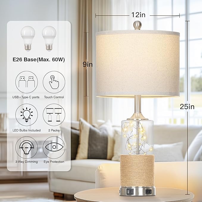 25" Coastal Glass Lamps Set of 2, Touch Control 3-Way Dimmable Night Light Modern Table Lamp with USB A+C Ports & AC Outlets Linen Fabric Shade for Living Room Bedroom Silver Ocean(LED Bulbs Included)