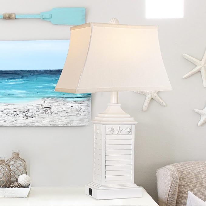 Table Lamps for Living Room Set of 2, Coastal White Bedside Lamps for Bedroom with USB A+C Outlet Modern Resin 3-Color Temperature Nightstand Lamp for End Table (Bulbs Included)