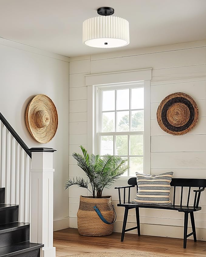 Semi Flush Mount Ceiling Light, 3-Light 12.5" Matte Black Ceiling Light Fixture with White Pleated Fabric Shade, Drum Lamp for Nursery Hallway Bedroom Kitchen, AD-25036-3SF-BK