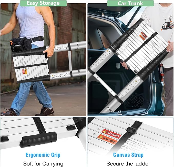 Telescoping Ladders 15.5 FT Aluminum Ladder - One-Button Retraction Collapsible Extension Ladder for Home,RV,Attic & Loft, Lasts 330 LBS with 2 Triangle Stabilizers and 2 Detachable Hooks