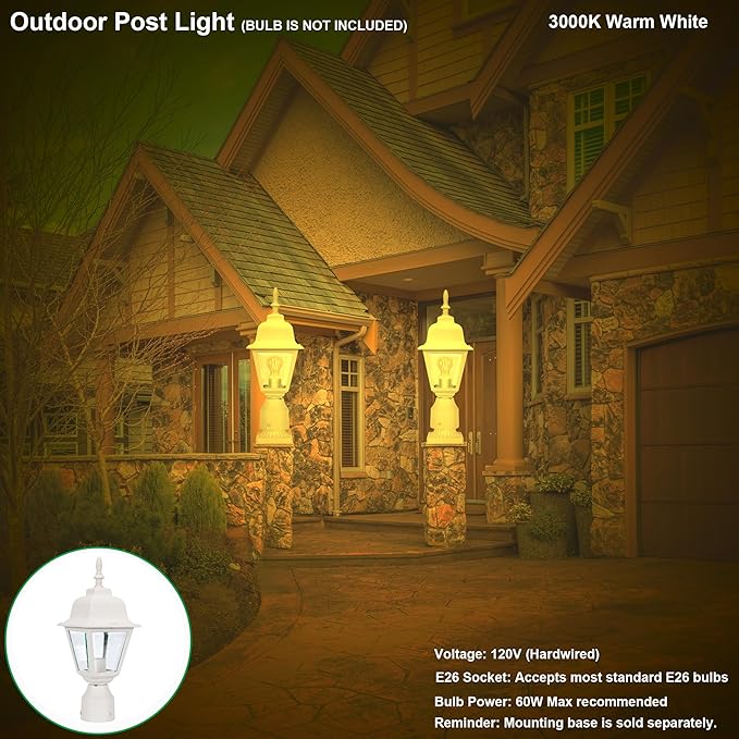 LIT-PaTH Outdoor Post Lighting Fixture Pole Lantern, E26 Medium Base Max 60W, Aluminum Housing Plus Clear Glass, Bulb Not Included, Matte White Finish, 2-Pack