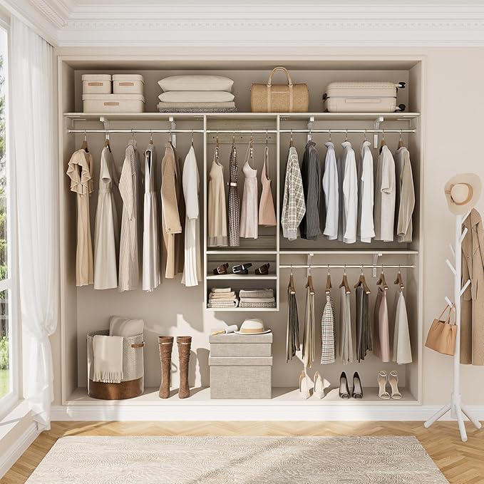 Cyclysio 96 Inch Closet Organizers and Storage, 8 FT Hanging Closet Organizer with 4 Adjustable Rods, Wardrobe Organizers with 3 Shelving Towers for 4-8FT Spaces(Cut-to-Fit), Oak