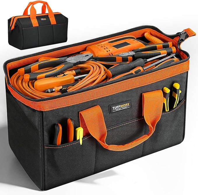 Wide Mouth Tool Bag, Heavy Duty Tool Bags for Men, 12-Pocket Portable Empty Tool Box Organizer Storage for Mechanic, Electrician, 17.3 inch, 600D Oxford, Orange