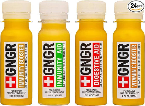 '+GNGR 24 Shots Variety Pack of Organic Immunity Boosting Ginger Shots - Cold Pressed Ginger Shots for All Natural Digestive and Immune Support - Nothing Artificial - USDA Organic (2 Fl Oz, 24 Pack)