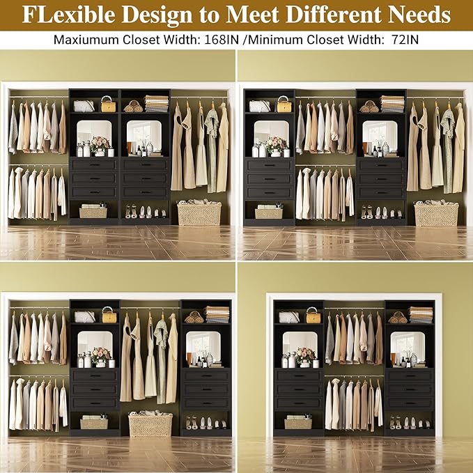 Unikito Closet System with 6 Drawers, 6-14Ft Closet Organizer with Mirror, Walk-in Closet Organizer Wardrobe Clothes Rack with 3 Hanging Rods, Sturdy Wood Clothing Garment Rack with Tower, Black