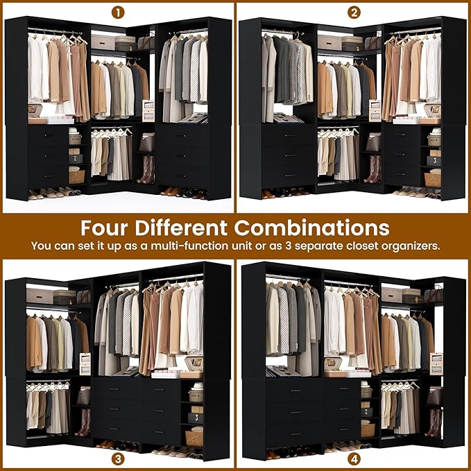 Aheaplus Closet System with 6 Drawers, 4 Hanging Rods & Corner Tower, Corner Closet System with Hanging, 86.8" L-Shaped Walk-In Wardrobe Organizer, 2000+ lbs Capacity, Set of 3, Black
