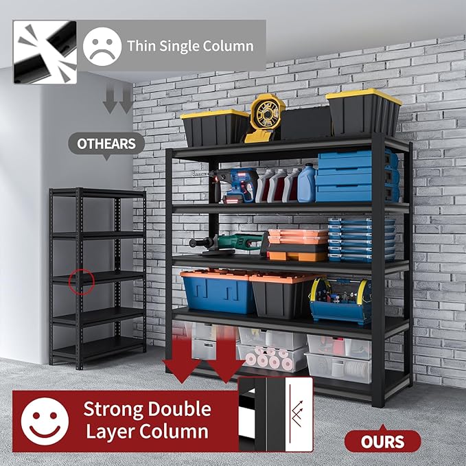 Shelving Units and Storage, 3000LBS Garage Storage Shelves, 5 Tier Shelving Unit, Steel Industrial Shelving, Adjustable Standing Shelf for Garage, Pantry, Closet 72" H x 47" W x 20" D, Black