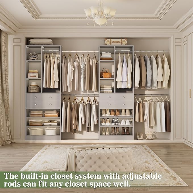 Closet System, Up to 134"/11.2 FT Closet Organizer with 4 Wooden Drawers and Shelves, Walk-in Closet System with 6 Hanging Rods, Built-in Closet Can Fit 96"/8FT, 120"/10FT, Morandi Grey