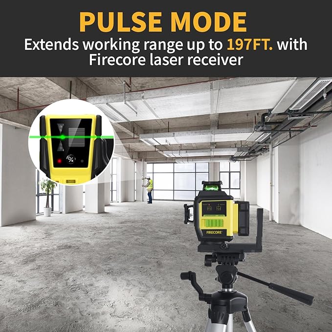 Firecore Laser Level 360 Self Leveling with 60" Tripod, 1/13" High Accuracy, Outdoor Pulse Mode to 197 Ft, Rechargeable Green Cross Line Lazer Leveler Tool for Construction, Home Renovation - F95T-XG