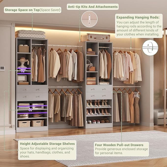 Closet System, Up to 134"/11.2 FT Closet Organizer with 4 Wooden Drawers and Shelves, Walk-in Closet System with 6 Hanging Rods, Built-in Closet Can Fit 96"/8FT, 120"/10FT, Morandi Grey