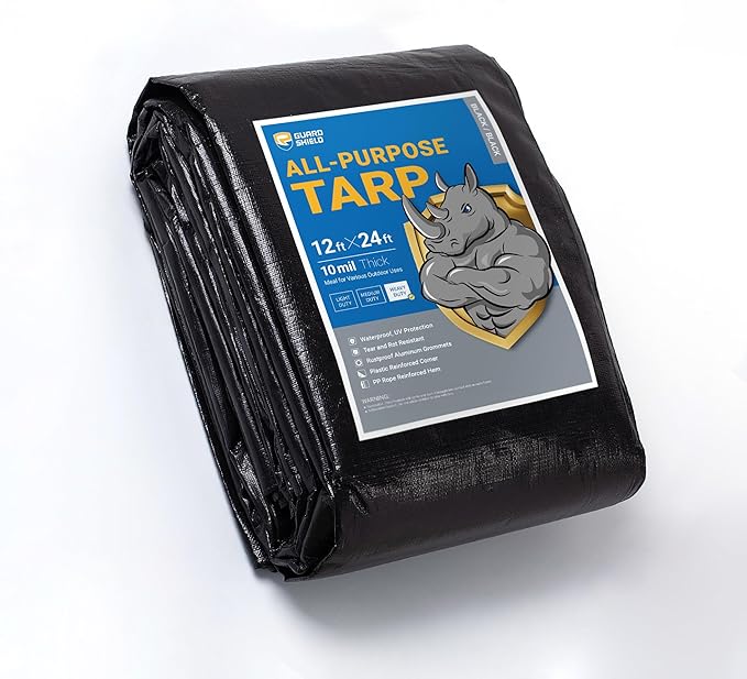GUARD SHIELD Tarps Heavy Duty Waterproof 12x24 Feet Black Poly Tarp Cover Square Outdoor Thick UV Resistant Tarpaulin with Grommets 10mil