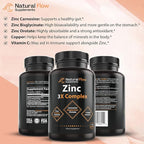 Zinc Supplement Complex with Copper and Vitamin C - Natural Flow 3X Zinc Carnosine, Bisglycinate Chelate, and Orotate, Chelated Zinc Copper, Easy on The Stomach, Skin and Immune Support, 120 Capsules
