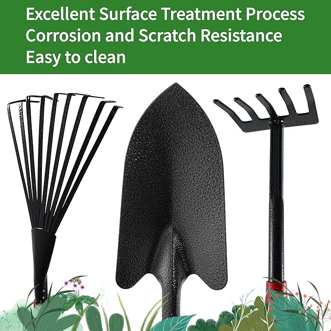 Set of 7 Gardening Tool Set, Rust-Resistant Handy Tools for Gardening, Ideal Gardening Gift Set, Including Trowel, Weeder, Hoes, and Rakes (Red)