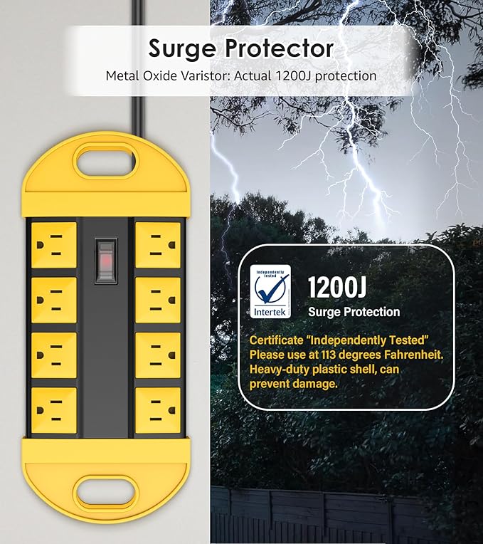 CCCEI Outdoor Power Strip Weatherproof with 8 Plug, Waterproof Extension Cord with Multiple Outlets, Christmas Exterior Garden Yard Surge Protector 10FT.