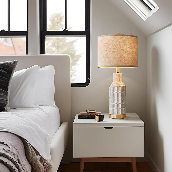 25" Table Lamps Set of 2 - Modern Bedside Lamps for Living Room - White Washed Ceramic Nightstand Lamps for Bedroom