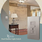 TOPGREENER Elite Series Kalide Dual Load Dimmer Light Switch, Double LED Dimmer Switch, Full Range Dimming, Single Pole, 120VAC, 60Hz, 200W LED/CFL, Neutral Wire Not Required, TGDDS-NK, Nickel