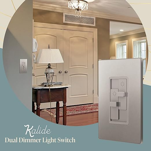 TOPGREENER Elite Series Kalide Dual Load Dimmer Light Switch, Double LED Dimmer Switch, Full Range Dimming, Single Pole, 120VAC, 60Hz, 200W LED/CFL, Neutral Wire Not Required, TGDDS-NK, Nickel