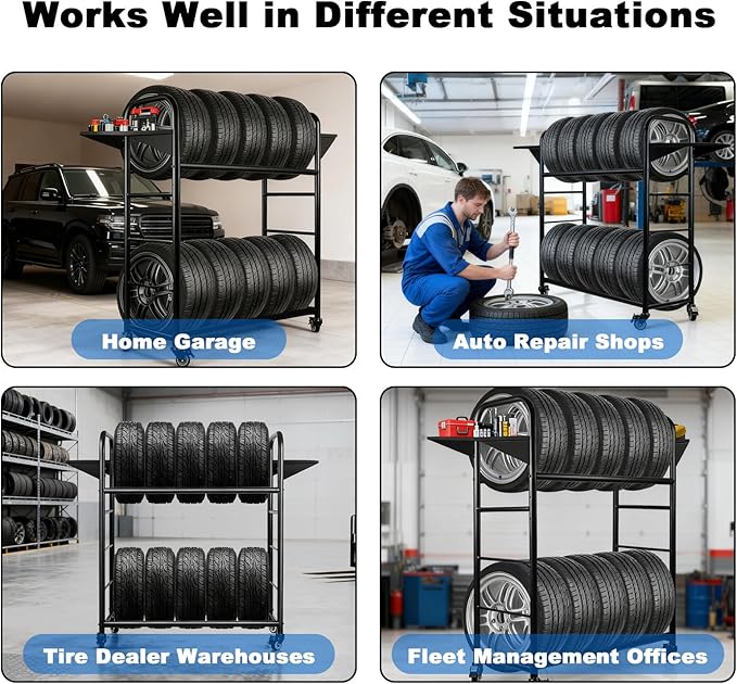 Tire Rack, 59 x 57 x 20 Inches Garage Tire Storage Stand with Storage Tray 218KG/480LBS Capacity, 2 Storage Shelf & 4 Swivel Casters Rolling Tire Storage Rack, Black