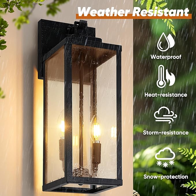 BesLowe 18” Upgraded Motion Sensor Outdoor Wall Lights, Dusk to Dawn Porch Lights Outdoor Wall Sconces, 3 Lighting Modes Exterior Lighting Fixtures with Hooks, Black Outside Lights for House, 2-Pack