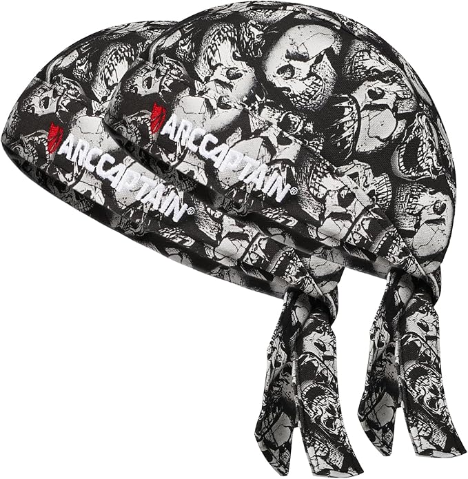 ARCCAPTAIN 2PC Welding Doo Rag, Welding Cap, Protective Welders Cap, Welding Hats for Men, Fireproof Cotton and Durable for Safety, Skull, XL Size