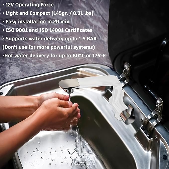 12V Faucet with Switch – German Made 1.5 BAR | Cold Water RV Sink Electric Faucet 360° Swivel Spout, 6A | for Camper Vans, Trailers, Marine Use | Single Hole – 12V Pump Compatible (White)