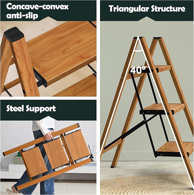 Taranta 3 Step Ladder,Aluminum Lightweight Folding 3 Step Stool with Anti-Slip Wide Pedal, 330lbs Capacity Step Ladder for Household,Kitchen,Office - Woodgrain