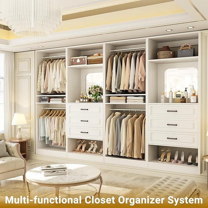 Unikito Closet System with Drawers, 100” Wood Closet Organizer with Hanging Rods and Mirror, Large Walk in Wardrobe Garment Rack with Adjustable Shelves, Sturdy Freestanding Closet Tower, White