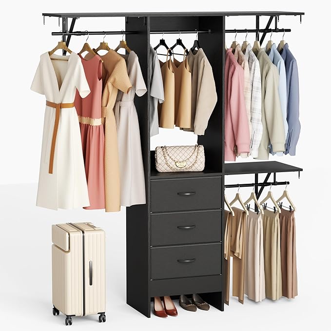 YOUDENOVA 5FT Wood Closet System with 3 Drawers, 59 Inches Wood Closet Organizer System, Walk-in Closet Built In System Tower with Shelves, Closet Wardrobe Clothes Garment Rack, Black