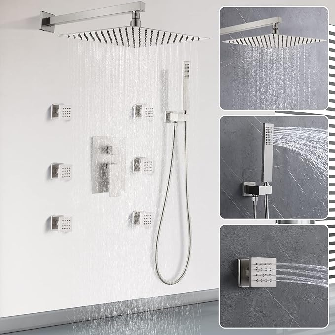 Enga Shower System with Body Jets 12 Inch Wall Mounted Rain Shower and Handheld Sprays Brass Full Body Massage Spa Jets Contain Rough-in Shower Valve, Brushed Nickel