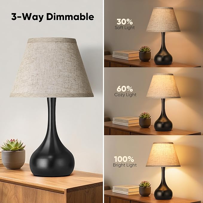 Touch Table Lamp for Bedroom Set of 2, 3-Way Dimmable Bedside Lamp for Nightstand, 17” Farmhouse Metal Desk Lamp with Linen Shade for Living Room, Kids Reading, Dorm, Home Office Decor, Bulb Included