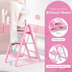 GameGem Pink Step Ladder 3 Step Folding, Small Step Stool for Women to Reach Higher Places, Widen 7.9Inch Pedal for Comfortable Use, Anti-Slip Foot for Safe Use, Sturdy and Fold Thin, 330Lbs Load