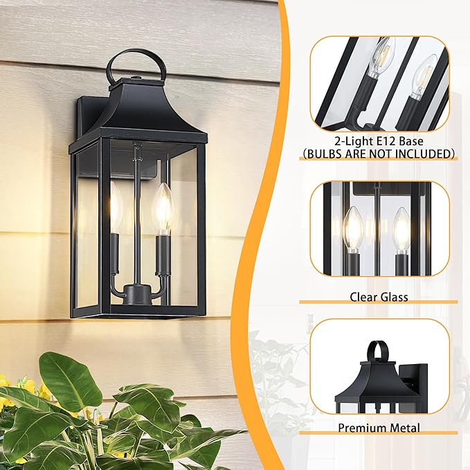 15" Black Outdoor Wall Lantern 2-Light, Outside Modern Wall Sconce Light Fixture, Industrial Porch Light Wall Mount with E12 Sockets, Waterproof Exterior Lamp Lighting, Black