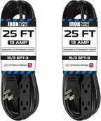 Iron Forge Cable 2 Pack 25 ft Flat Plug Black Extension Cord with 3 Outlets - 16/3 SJTW 3 Prong Indoor Extension Cord with Multiple Outlets