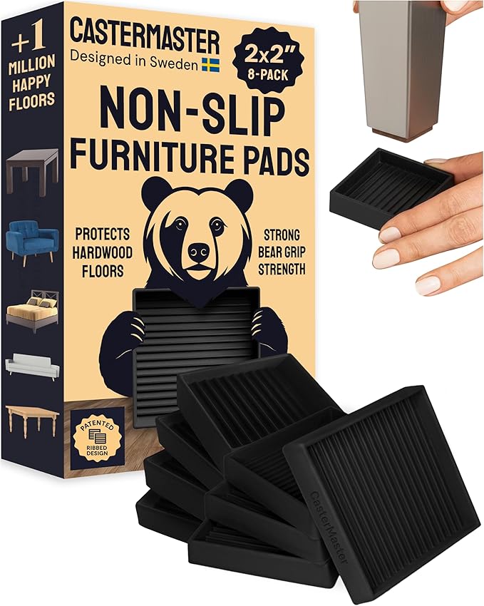 CasterMaster Non-Slip Rubber Furniture Pads - 2x2in Pack of 8 Black - Floor Scratch Protector - Anti-Skid Design & Keep Furniture from Sliding - Caster Cups & Rubber Feet
