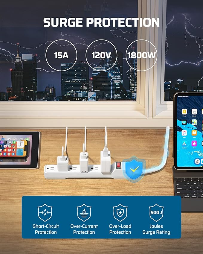 DEWENWILS 2-Pack 6-Outlet Power Strip Surge Protector with 6Ft Long Extension Cord, Low Profile Flat Plug, 15 Amp Circuit Breaker, 500 Joules, Wall Mount, White, UL Listed