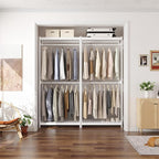 Homykic Bamboo Clothes Rack with Shelves and Double Hang Rods, Portable Closet System Garment Rack for Hanging Clothes, Tall Clothing Rack Corner Closet Organizer, Easy to Built, Freestanding, White