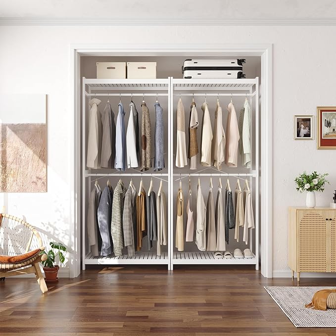 Homykic Bamboo Clothes Rack with Shelves and Double Hang Rods, Portable Closet System Garment Rack for Hanging Clothes, Tall Clothing Rack Corner Closet Organizer, Easy to Built, Freestanding, White