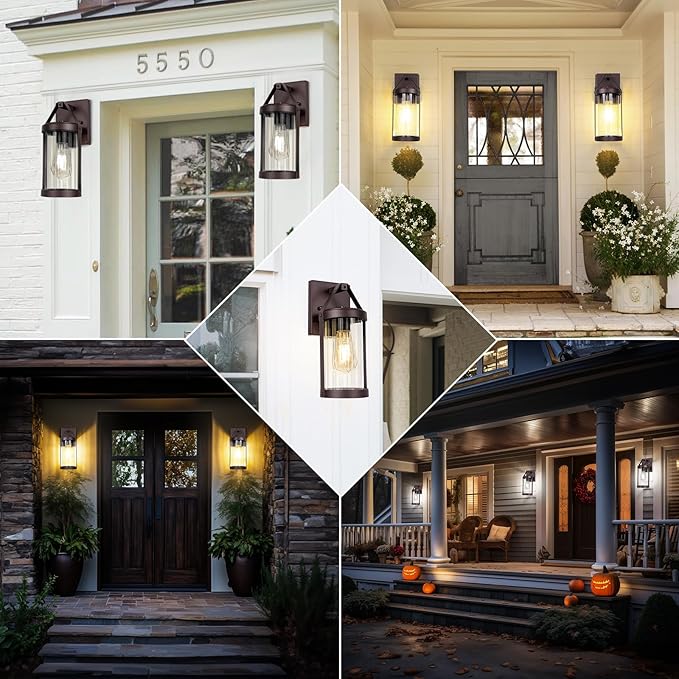 2-Pack Outdoor Wall Lights, Waterproof Light Fixtures Wall Mount with Clear Ribbed Glass, Modern Brown Exterior Wall Sconce Front Porch Outside Lights for House, Patio, Garage, Bulbs Not Included