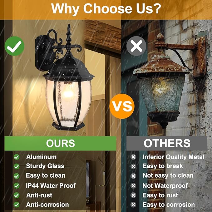 Outdoor Wall Lights, 18inch Waterproof Exterior Lighting Fixtures, Black Large Wall Sconce with Glass Shades, E26 Aluminium Outside Lanterns for Porch Farmhouse Patio Doorway Garage