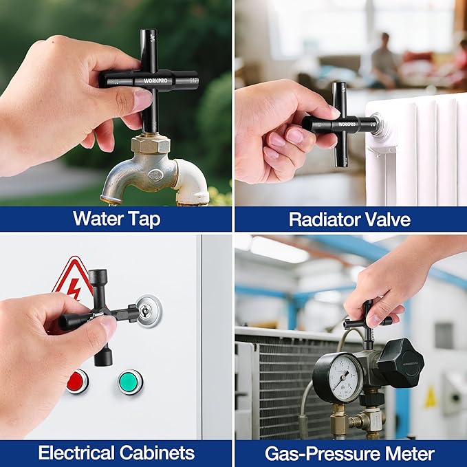 WORKPRO 2PC 4 Way Water Key Wrench, 40Cr Universal Utility Sillcock Key and Multifunctional Heavy-Duty Water Valve Key Tool for Faucet, Spigot, Electric Meter & Cabinet, 1/4", 9/32", 5/16", 11/32"
