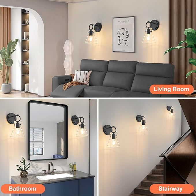 Wall Sconce for Bathroom Modern Vanity Light Fixtures Hardwired Wall Mount Lighting Lamp Farmhouse Wall Lights with 6" Clear Glass Shade for Bedroom Living Room Mirror Kitchen (Black, 1 Pack)