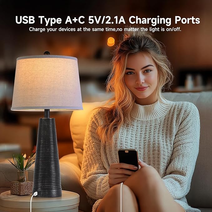 Terpsichore Nightstand Lamp Bedside Lamps Set of 2 Desk Lamp Vintage Rustic Farmhouse Table Lamp 3 Way Dimmable Light,Bulb*2,USB A+C Port (Black with Gold, High 27 Inch)